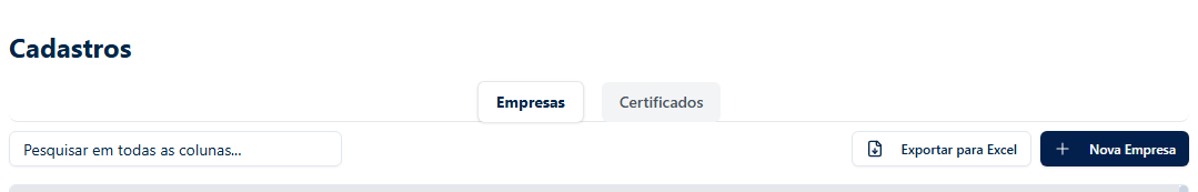 Aba de Certificados no menu Cadastros