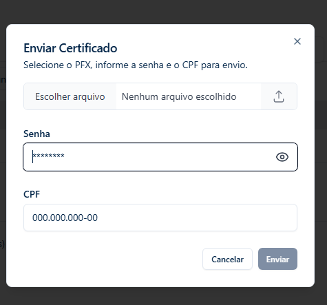 Modal de importação de certificado