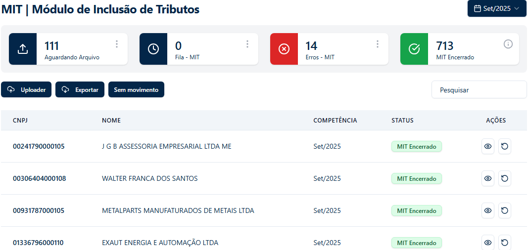 Tela principal do Módulo MIT