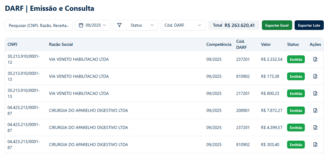 Tela de emissão e consulta de DARF MIT