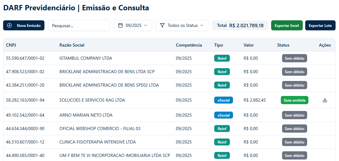 Tela principal do DARF Previdenciário